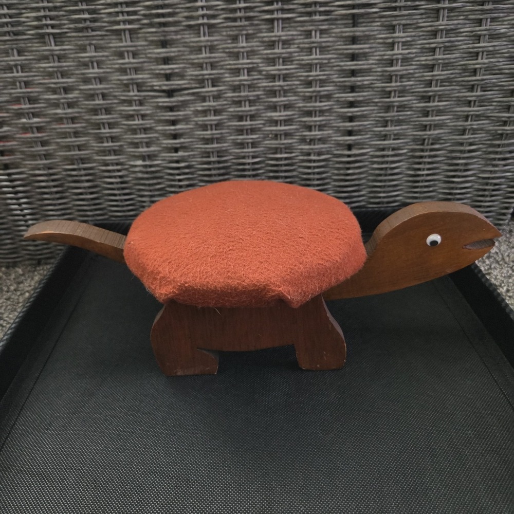 Vintage Wooden/Upholstered Turtle Footstool Ottoman Retro Boho Folk Art.